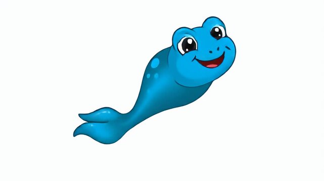 Cute cartoon blue fish character with frog face swimming happily, animation