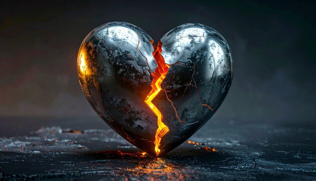 Broken Metallic Heart with Glowing Fissure