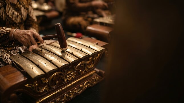 Hand playing traditional indonesian gamelan percussion instrument