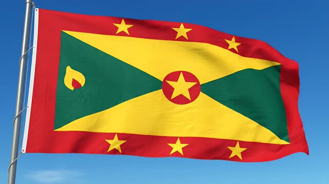 Grenada flag waving in the wind against a clear blue sky, national symbol, patriotism, country emblem, travel and tourism concept