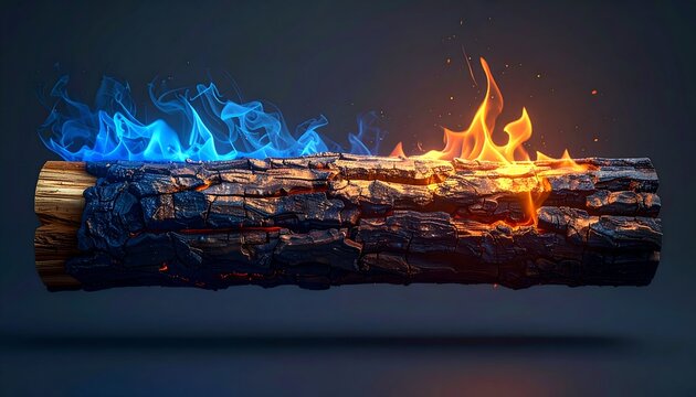 Burning Log with Blue and Orange Flames Against Dark Background