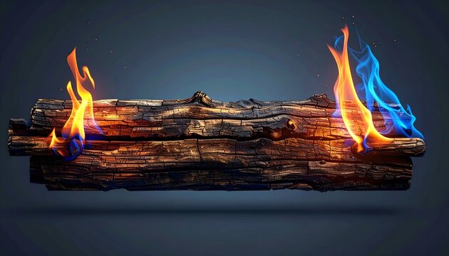 Burning Log with Flickering Flames Against Dark Background