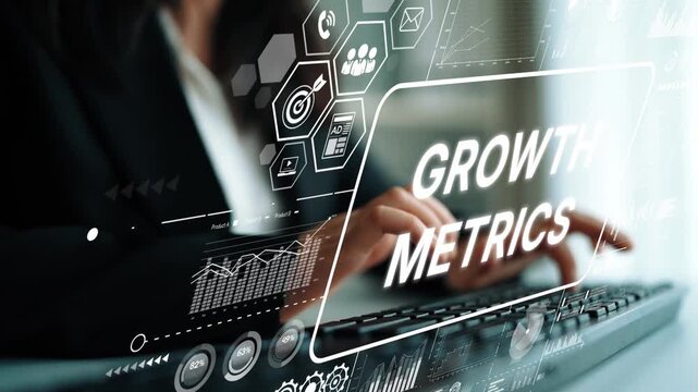 Business professional analyzing growth metrics with digital interface and graphs for strategic decision making in a modern office environment. Asymptotic smart data analytic.