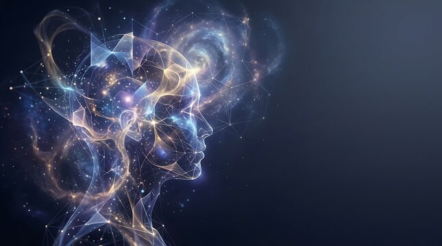 Glowing human profile merged with cosmic nebula and neural network