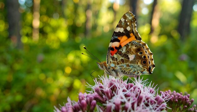 Colorful Butterfly Resting Pink Flowers Sunlit Garden