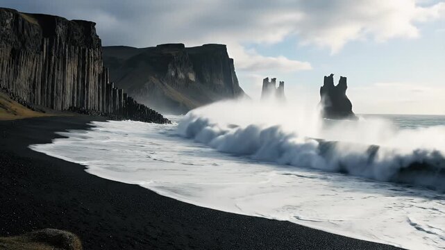 Dramatic waves crash on black sand beach with basalt columns and sea stacks, powerful ocean landscape, Icelandic coast, natural beauty and rugged terrain footage