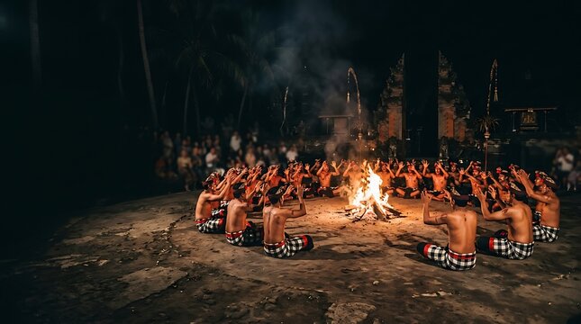 Traditional kecak fire dance performance at a balinese temple at night