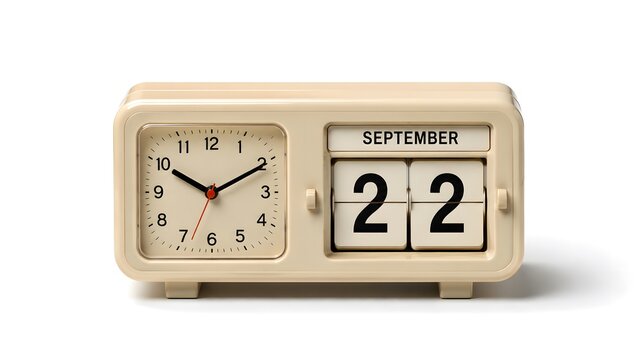 Vintage flip clock showing September 22. Retro desk calendar clock on white background.