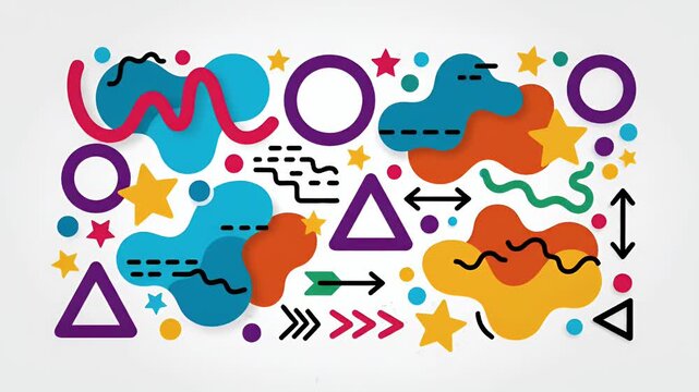 Colorful abstract shapes and geometric elements, animated motion graphic background with playful forms and lines
