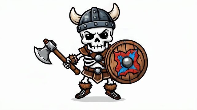 Skeleton viking warrior with axe and shield, pixel art character, isolated on white, fierce battle stance