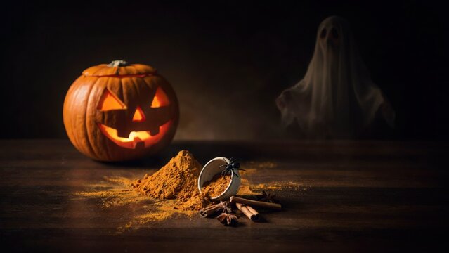 Scary jackolantern pumpkin glowing with eerie light near spilled spices and spooky ghost apparition in dark.
