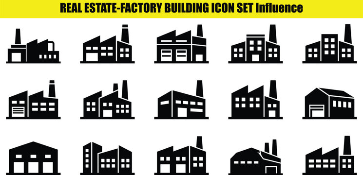 Factory building shapes with smokestacks and rectangular forms a collection of two tone building outlines industrial structures buildings manufacturing production architecture construction