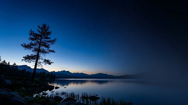 Lone pine tree at mountain lake during blue hour with starry sky