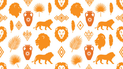 African safari lion seamless pattern vector illustration with orange tribal elements geometric symbols tropical palm leaves and ancient vases © Md