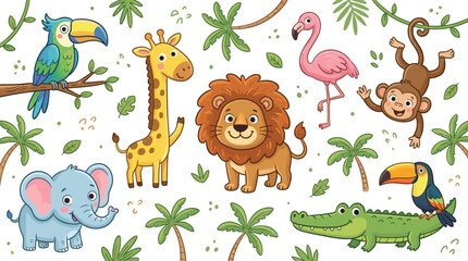 Cute jungle safari animals vector character set featuring cartoon lion giraffe elephant crocodile monkey flamingo toucan and tropical palm trees © Md
