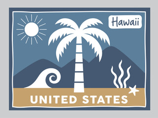 Hawaii United States Retro Travel Sticker Illustration with Palm Tree and Ocean Wave © Elva