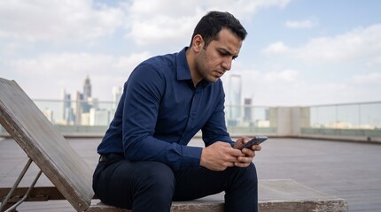 Obraz premium Young Arab Businessman Reading News On Rooftop