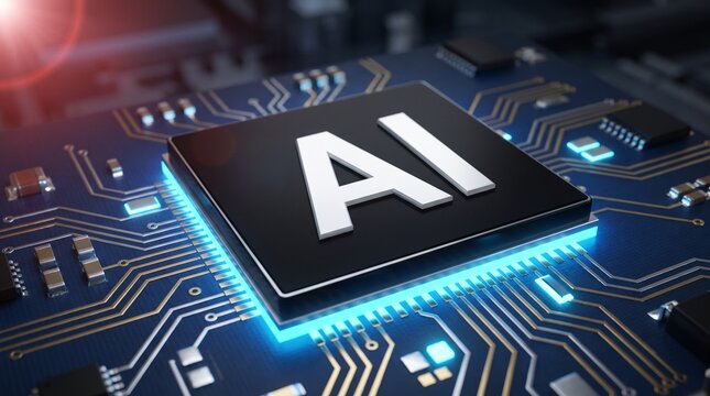 A high-tech microprocessor chip featuring the letters AI embossed in a modern font surrounded by glowing blue circuit board traces and electronic components