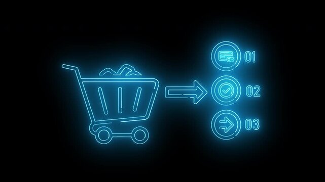 Online Shopping Cart Workflow with Purchase Process and Digital Commerce Neon Icon