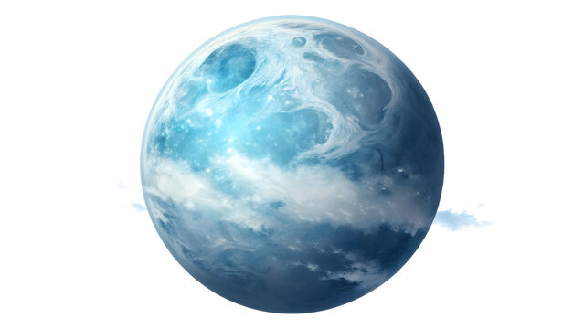 Fictional alien planet with swirling blue atmosphere. Mysterious extraterrestrial world featuring cosmic clouds and serene glow.
