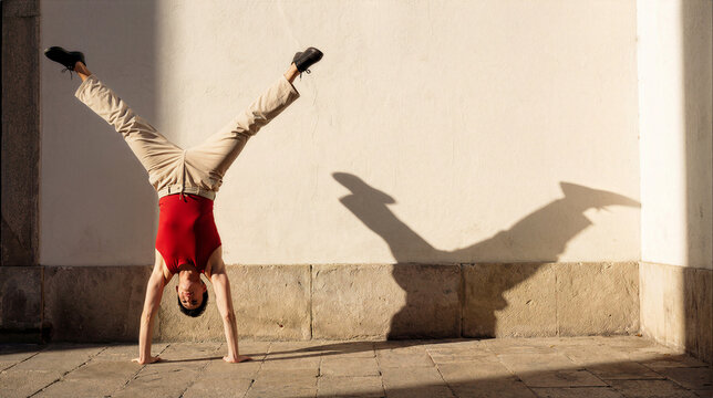 A young athletic man performs a perfect handstand with legs split against a minimalist urban wall, showcasing strength and balance in the golden morning light of a city street.