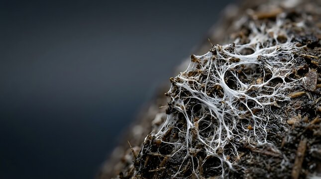 Macro view of white mycelium network growing on dark soil