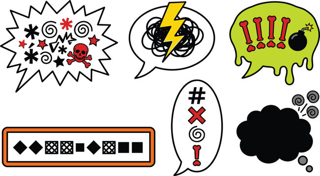 Comic Speech Bubble Symbol Collection Featuring Censored Swear Icons, Toxic Warning, Angry Thoughts, Explosive Emotions, and Cartoon Vector Expression Set