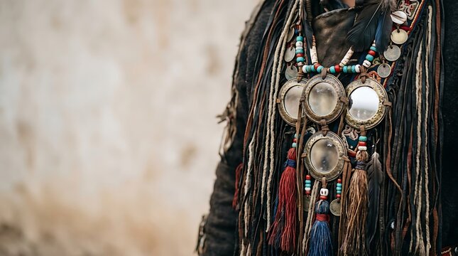 Close up of traditional shamanic ritual costume with mirrors