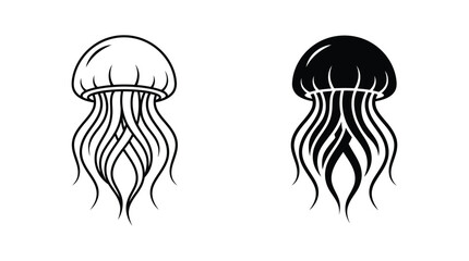 Minimalist jellyfish icons in outline and solid black silhouettes © Tulippp