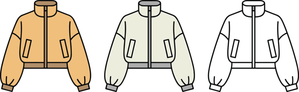 Trendy cropped bomber jacket designs with high collar and front zipper available in various neutral tones