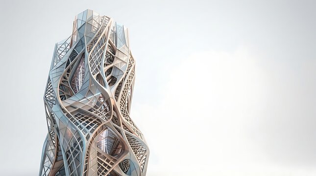 Futuristic skyscraper with organic parametric facade against a clear sky