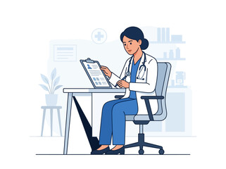 Fototapeta premium Doctor Reviewing Patient Chart At Desk In Clinic Interior
