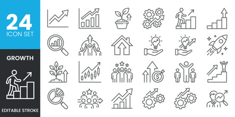 Fototapeta premium Growth success icon set 24 line icons for business finance and development concepts