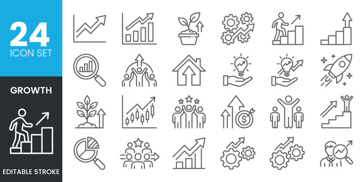 Growth success icon set 24 line icons for business finance and development concepts