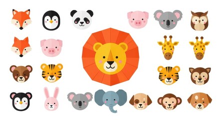 Fototapeta premium Cute Animal Face Icons Set - Flat Design Vector Illustrations of Lion, Tiger, Panda, and More for Kids