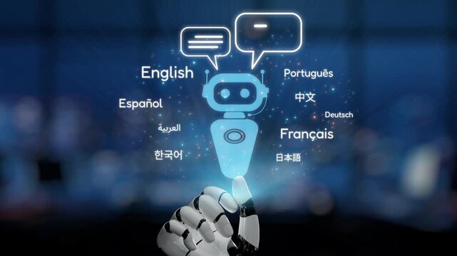 A futuristic robot assistant showcases its ability to communicate in multiple languages, presented with text bubbles and a high-tech background, ideal for tech-related projects. Synapse