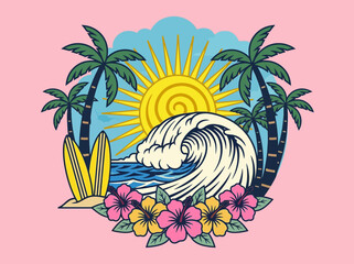 Retro Tropical Beach Surf Illustration with Palm Trees and Hibiscus © Tera