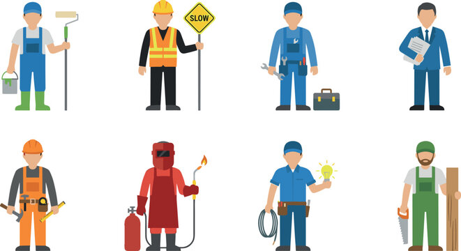 Professional worker character set vector illustration, painter construction electrician welder carpenter businessman and flagman icon collection in flat design