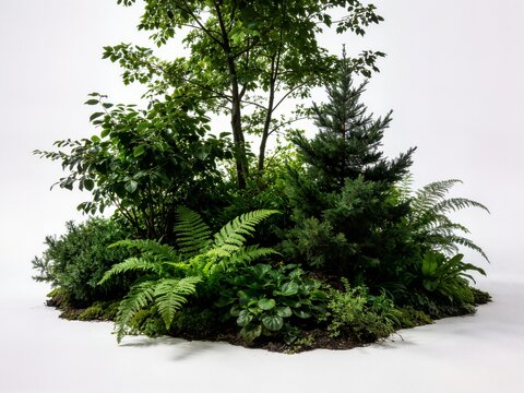 Isolated green bushes ferns and small pine tree on white background ideal for landscape design template architecture rendering and branding
