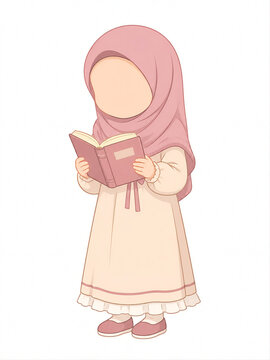Cute faceless little Muslim girl in hijab reading a book illustration, vector cartoon style isolated on white background.
