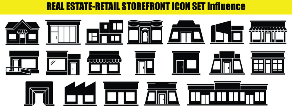 Assorted building storefronts a collection of architectural shapes in a two tone style facade commercial architecture retail frontage shopfronts exteriors elements urban