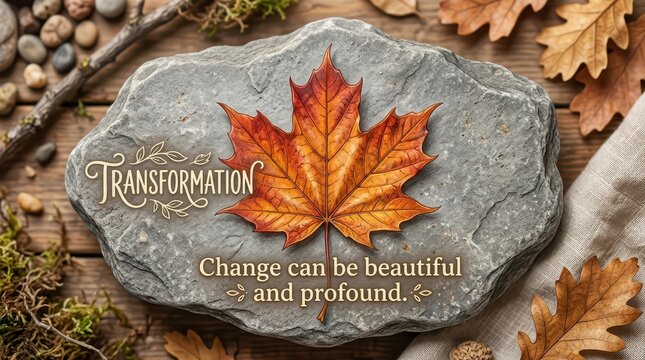 Autumn maple leaf on a stone with the word Transformation and a quote about change
