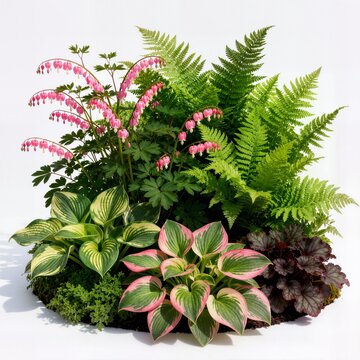 Lush shade garden plant combination featuring blooming bleeding heart and hostas isolated on white background ideal for plant nursery marketing