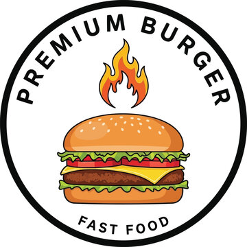 Premium burger fast food logo with fire icon restaurant illustration sandwich