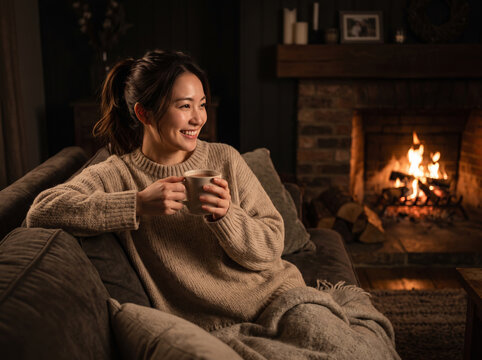 暖炉の炎に癒やされながらソファで温かい飲み物を持つ女性