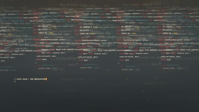 Digital screen displaying scrolling computer code and programming scripts for software development and cybersecurity