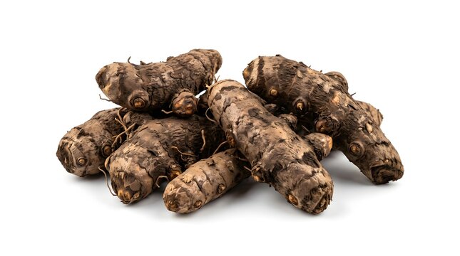 Fresh Temu Ireng Rhizomes Isolated on White Background, Whole Curcuma Aeruginosa Roots
