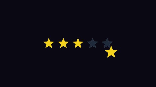 Five star rating animation: customer feedback review concept with glowing yellow stars filling up on dark 4k background