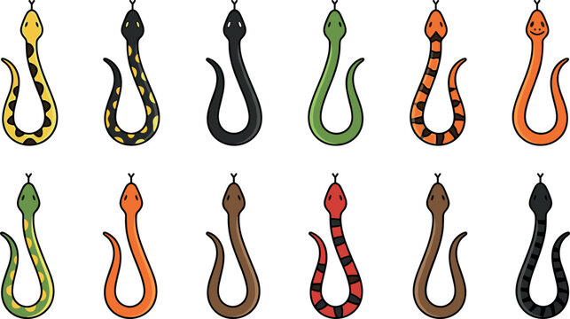 Snake icon set vector illustration, colorful cartoon reptile collection with spotted striped and patterned skin in yellow black green orange and red