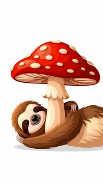 Cute sloth hanging on a red spotted mushroom, playful animal character, forest fantasy illustration, cartoon style